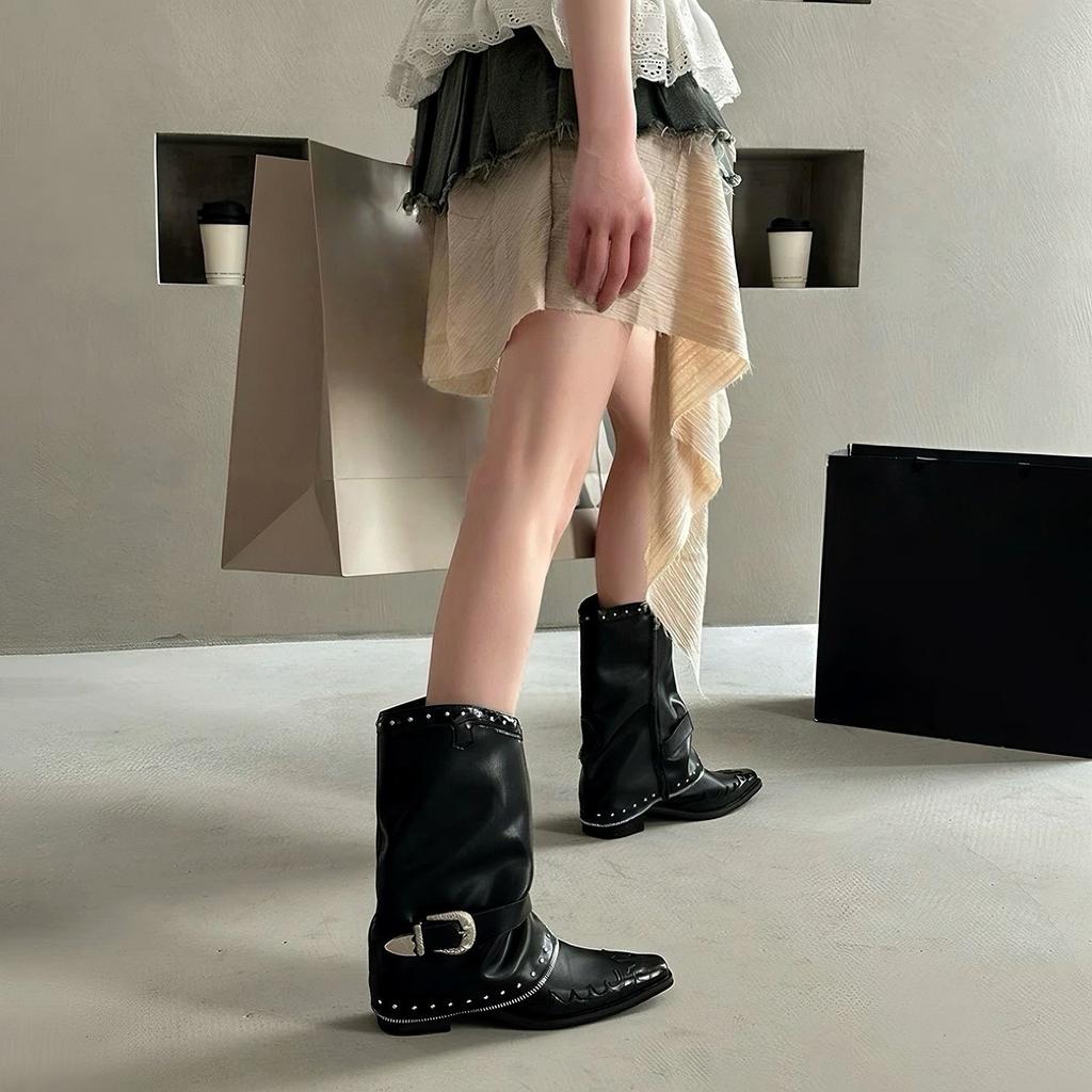 European and American Spice Girls Pointed Rivets Western Boots Women's Summer 2025 New Metal Belt Buckle High Heel Boots