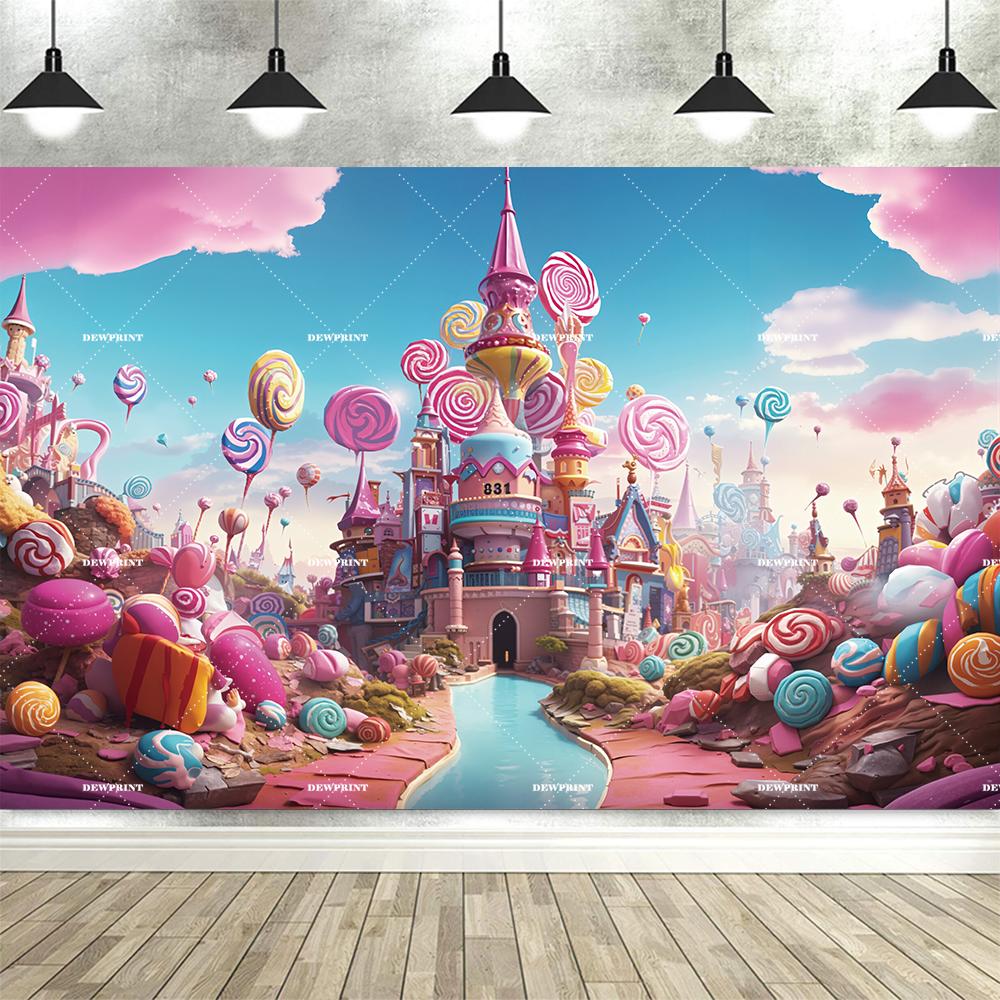 Sweet Candy Castle Cherry Blossom Theme Birthday Photography Background, Children's Birthday Party Banner Photography Background7