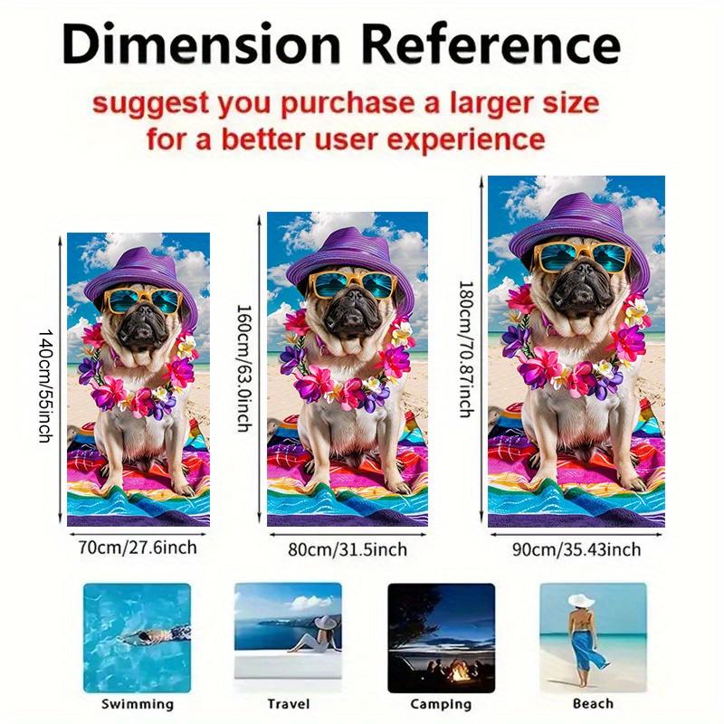 1pc Pug on Beach Towel Beach Towel Pug with Purple Straw Hat Yellow Fashion Glasses Flower Garland on Multicolor Towel by Ocean