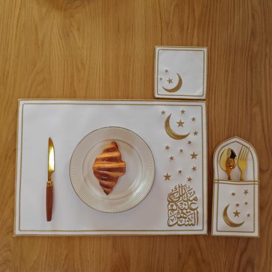 1 Set Star Moon Eid Placemat Faux Leather Embroidered Waterproof Placemat Cutlery Holder Coaster for Ramadan Dinner Home Islamic Holiday Party Decor