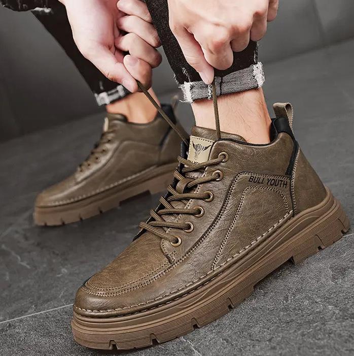 High-top men's shoes winter thick-soled non-slip construction site work labor insurance leather shoes men's outdoor black versatile medium-top M