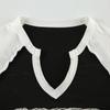 Women's Letter Print V Neck Color Contrast Fashion Spice Slim Slim Casual Long Sleeved Short Top