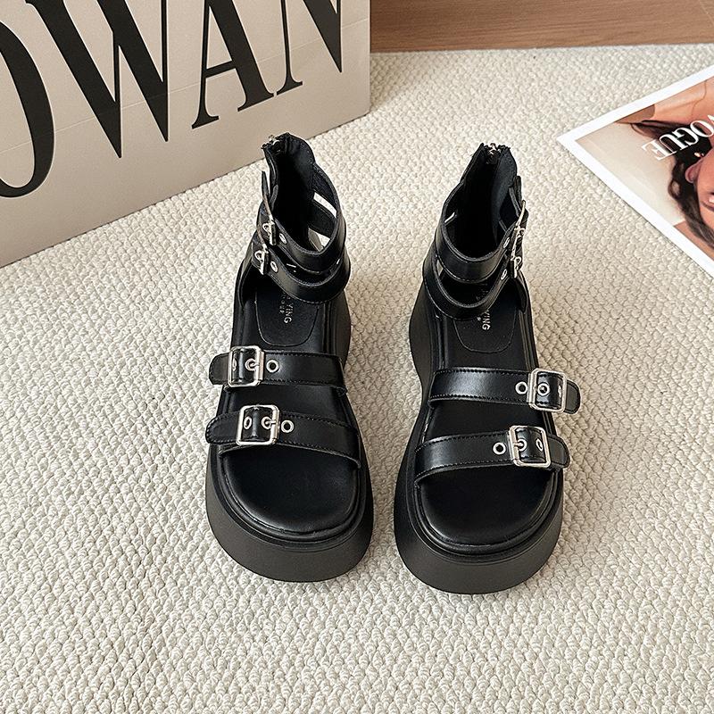Fashion Women Platform Sandals French Retro Belt Buckle Open-toed Roman Sandal Women's Versatile Heightening Beach Shoes Sandalias Mujer