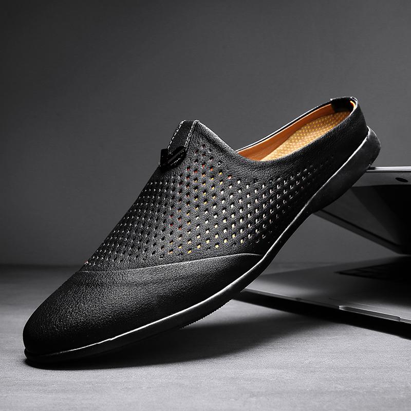 Fashion Summer Men's Shoes Black Leather Business Mules Casual Shoes Fashion Slip On Men Loafers Half Slippers Sapato Masculino Mocassin