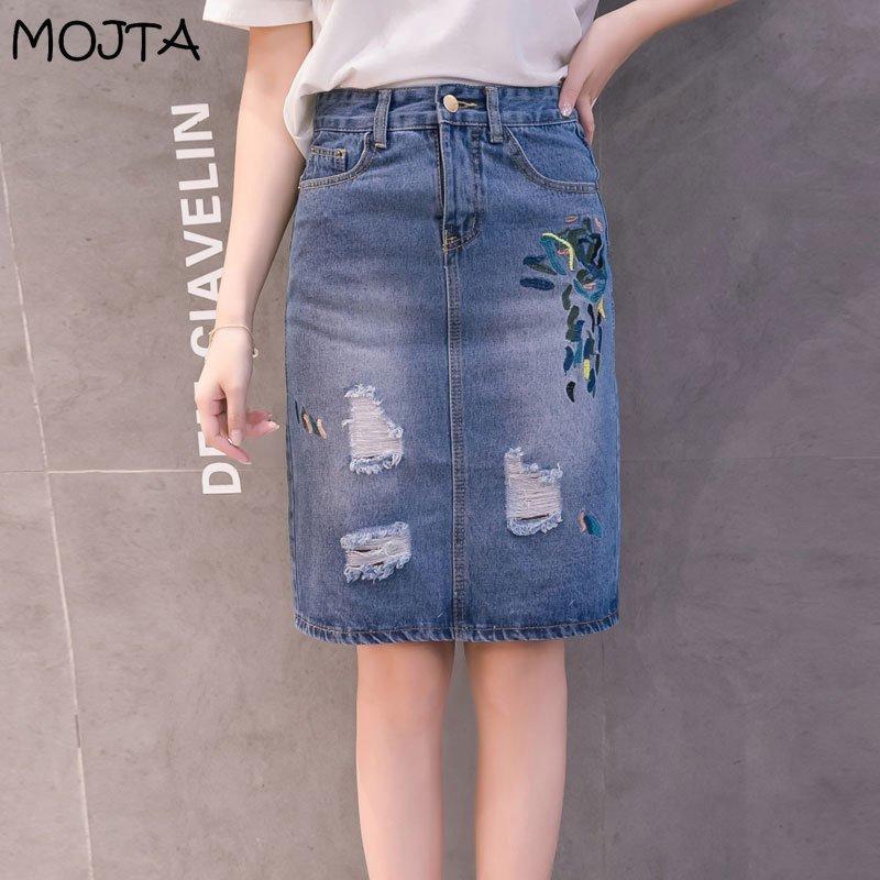 

Женская весенне-летняя модная повседневная джинсовая юбка больших размеров с высокой талией и вышивкой, юбка трапециевидной формы средней длины S синий