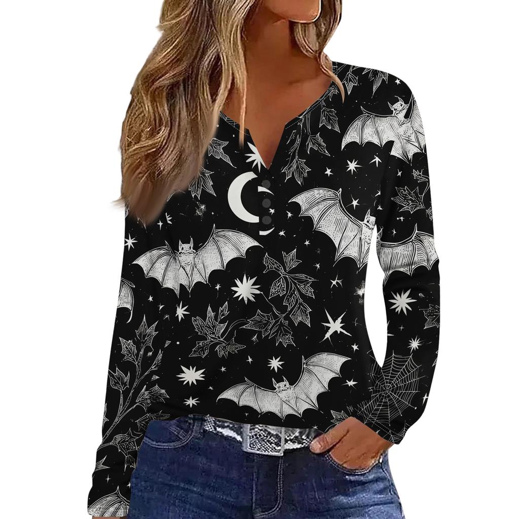 Women's Long Sleeve V-Neck T-Shirt with Button and Halloween Print Casual Top
