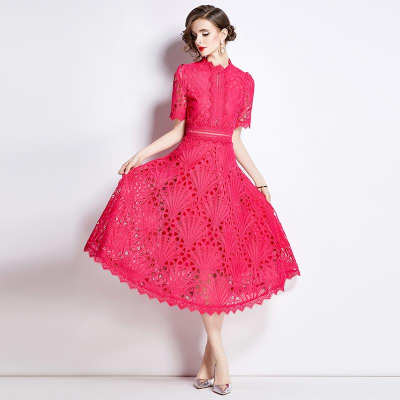 

Винтажное кружевное платье с цветочной вышивкой и ажурным узором для женщин, летнее облегающее платье средней длины с воротником-стойкой и коротким рукавом, размер плюс S-4XL M