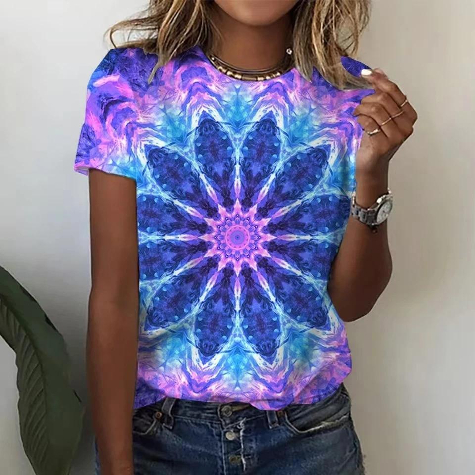 Summer Color Women's T-Shirt, 3D Floral Print, O-Neck Short Sleeve, Fashionable and Simple, Plus Size Women's Y2K Clothing