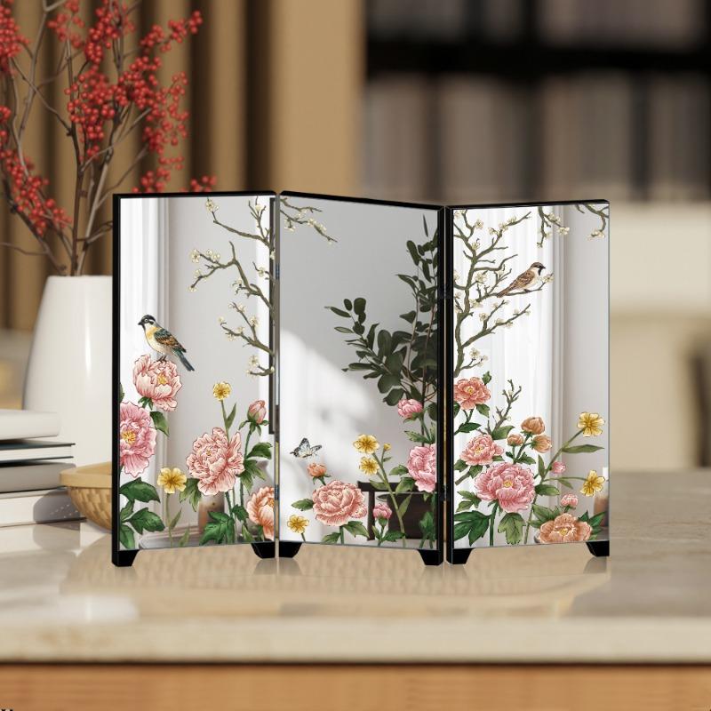 Design Cinese Stile Medio Antico Fiore Uccello Inchiostro Bambù Paravento Decorazione da Scrivania Tavolino Soggiorno Decor