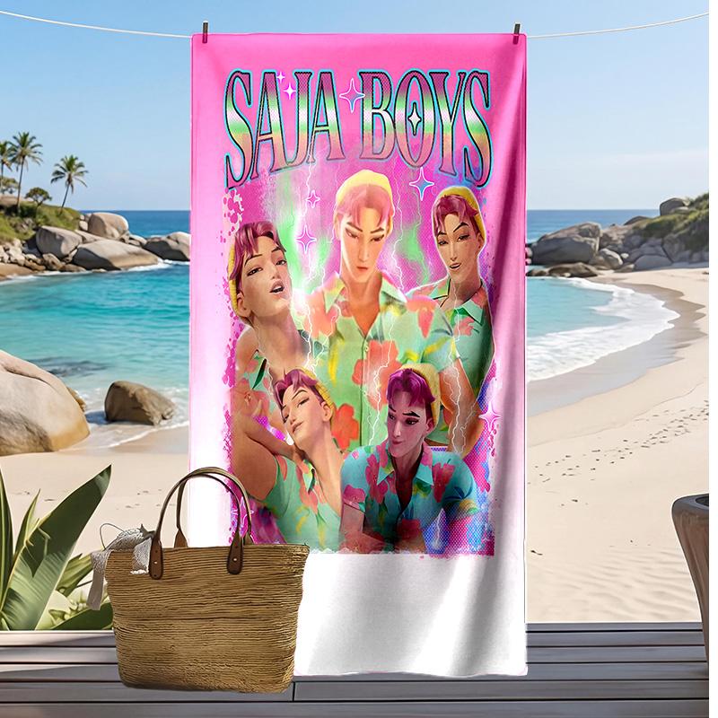 Kpop Demon Hunters Printed Beach Towel, Large Absorbent Quick Dry Towel for Summer Outdoor Swimming