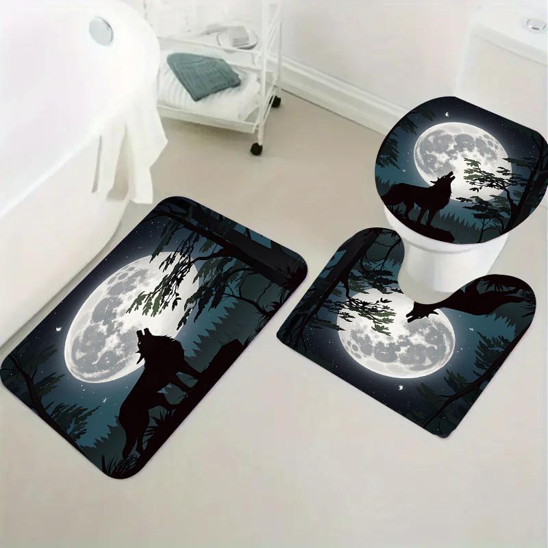 Wolves Howling At Night Shower Curtain Set With 12 Hooks, Bathroom Mat, Toilet Seat Cover & U-Shaped Rug - Polyester, All-Season