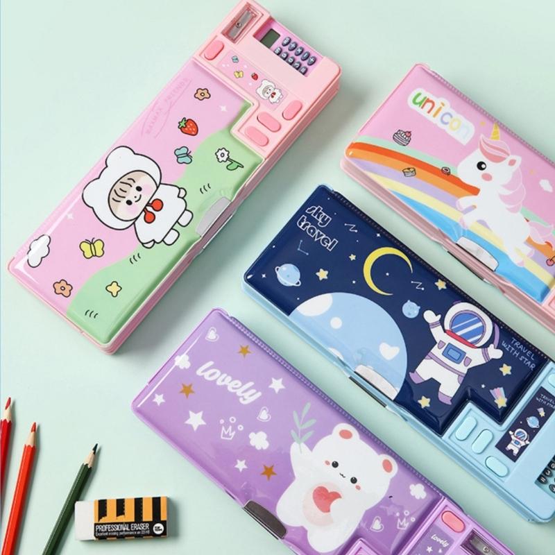 Wielofunkcyjny Piórnik Z Kalkulatorem Temperówką Piórnik o Dużej Pojemności Kreskówkowy Pojemnik na Długopisy Dla Ucznia Uczennicy Dziecka