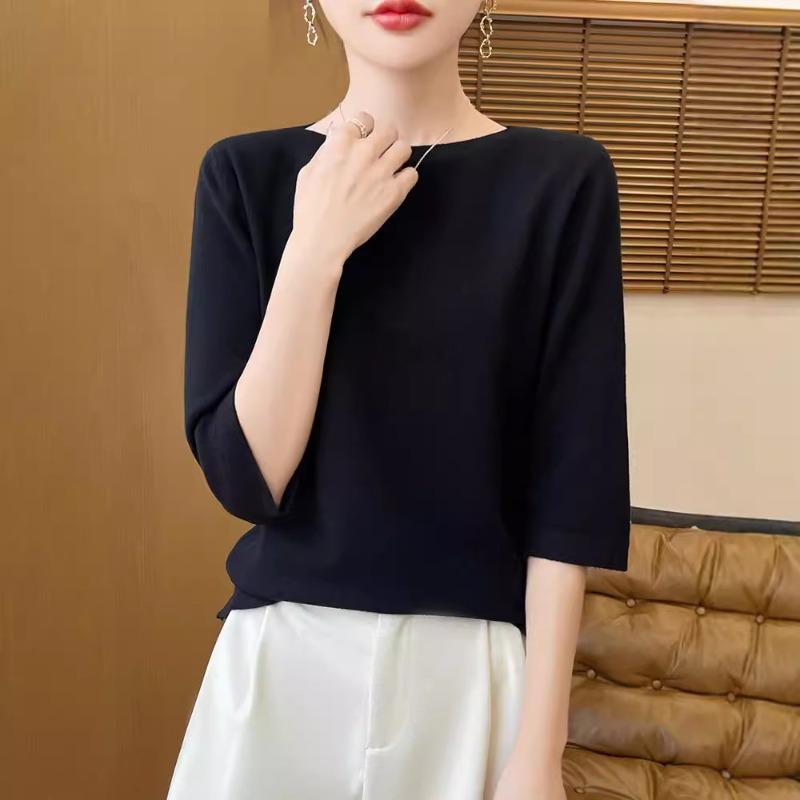 Spring and Summer New Knitted One-word Neck Seven-quarter Sleeve Knitted Pullover Bottoming Shirt Women