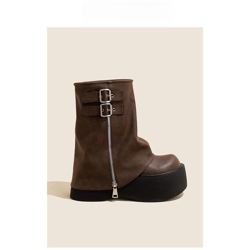 2026 New Autumn and Winter Thick Soled Height Increasing Brown Pants with Sponge Bottom Short Boots