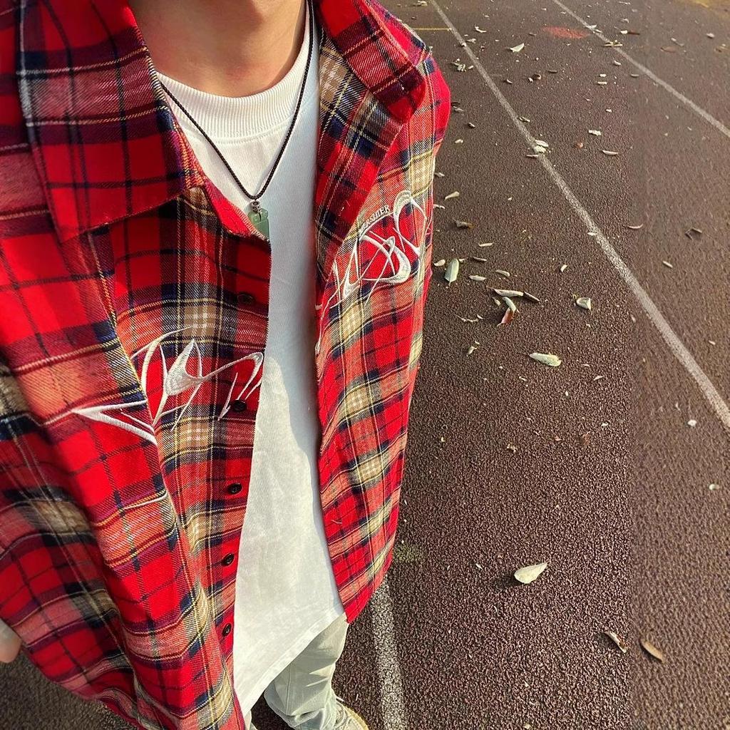 Men's Retro Embroidered Plaid Long Sleeve Summer Shirt