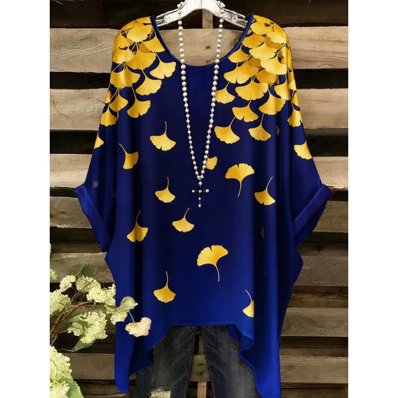 Summer Top Women Arrival Elegant Vacation Style Plus Size Simple Casual Meteor Pattern Print Irregular Hem Round Neck T-Shir