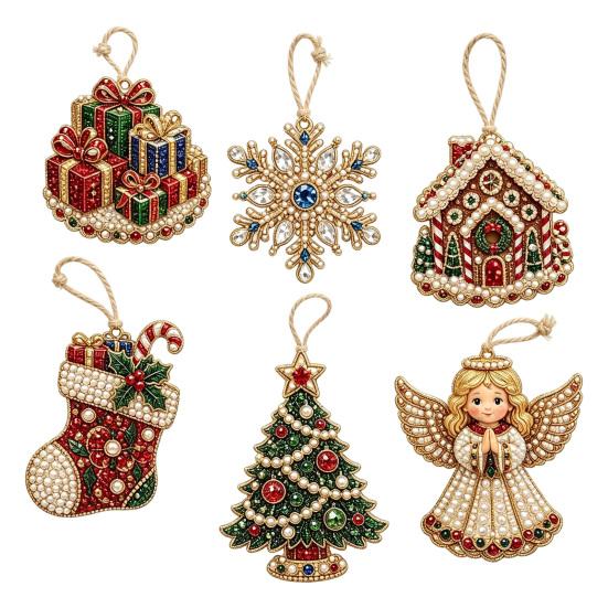 Seasonal Festive Hanging Decor 6 Pcs Christmas DIY Faux Pearl Painting Kit Ornaments, Rhinestone Art Party Decorative Supplies Tree Decoration
