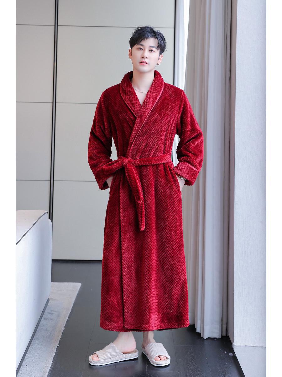 

Beibei Velvet Flannel Bathrobe: Thickened Autumn/Winter Unisex Nightgown for Couples Male, XL вина червоного кольору