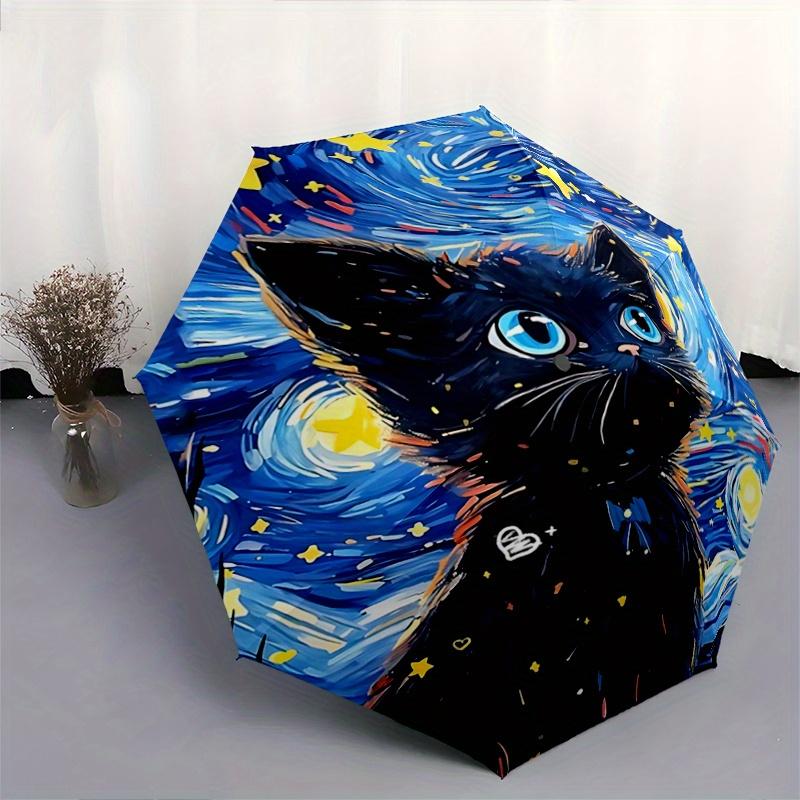 1pc Starry Night Kitten Pattern Automatic 3-Fold Umbrella, 8 Steel Frames, High-Value Folding Umbrella, Suitable for Office, Travel and Outdoor A