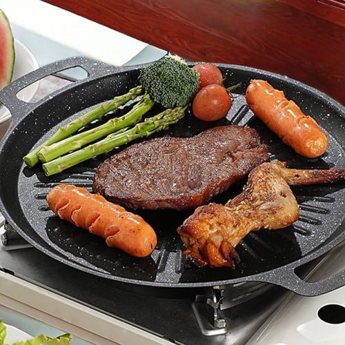 Grill Pan, Yakiniku Plate, Frying Pan, Baking Tray, Outdoor Grill Plate, Yakiniku Frying Pan, Disc-Shaped Frying Pan, 30cm Diameter, Non-Stick, Anti-S