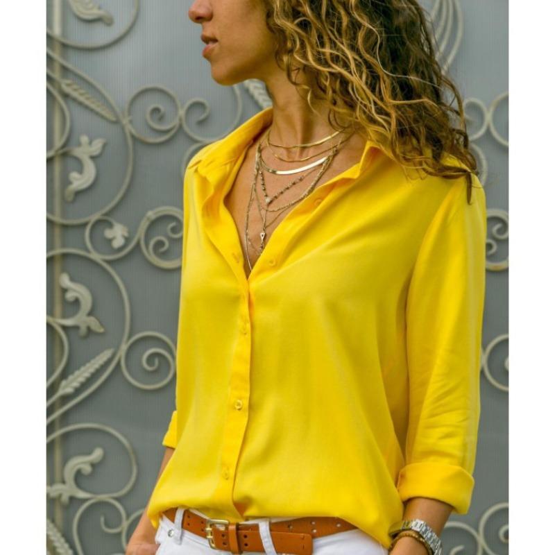 Damska modna nowa koszula z długim rękawem i głębokim dekoltem w serek, szyfonowa