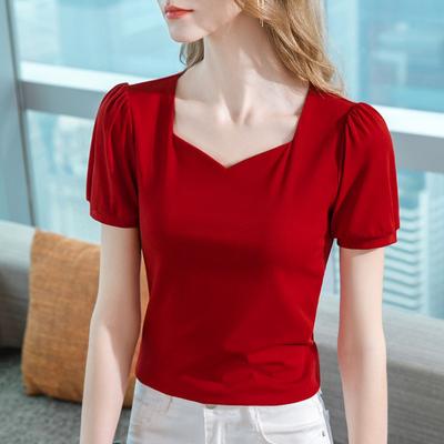 Short-sleeved T-shirt for Women's Summer New Women's Retro Clavicle Square Collar Solid Color Cotton T-shirt French Puff Sleeve Top
