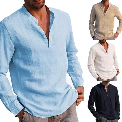 Designer Frühling Sommer Männer Casual Baumwolle Leinen Einfarbig Langarm Shirts Lose Stehkragen Shirts
