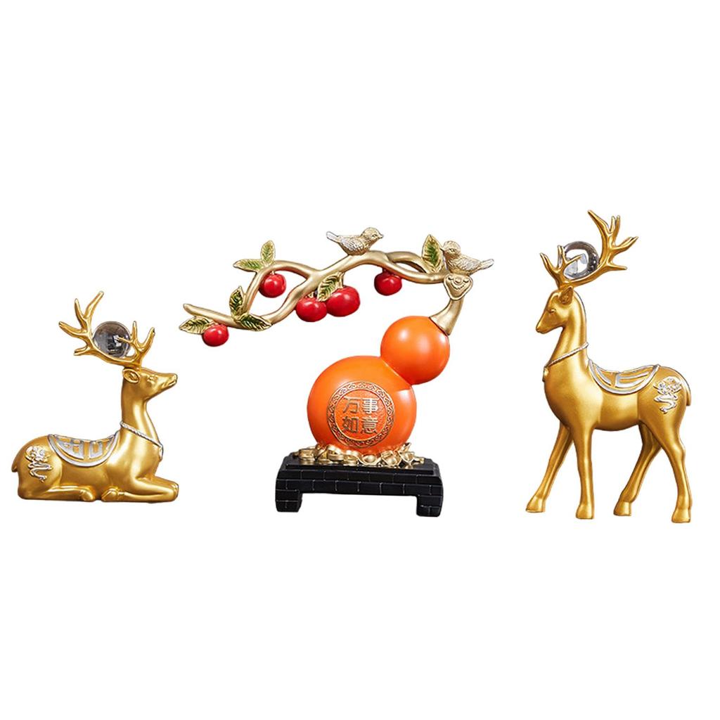 3x Gourd Deer Statues Set Decorative Figurines Collectible Prosperity Sculptures Desktop Ornaments for Living Room Entrance