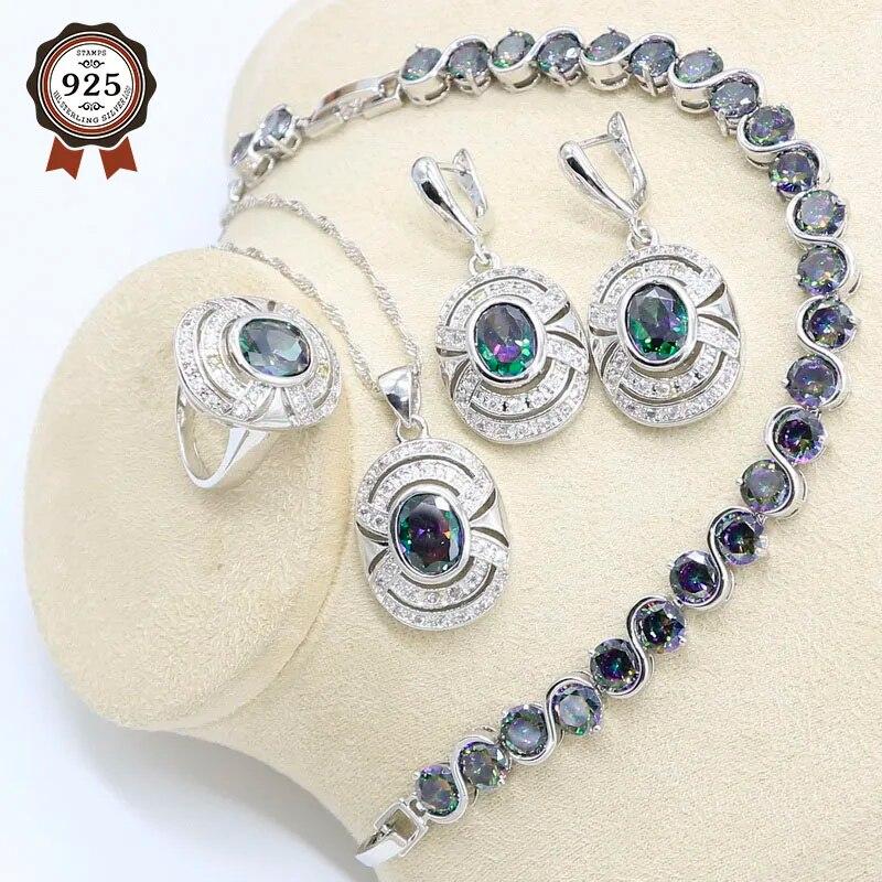 

Комплект украшений серебряного цвета с геометрическим радугой и цирконием для женщин с браслетом, серьгами, ожерельем, подвеской, кольцом, подарочной коробкой