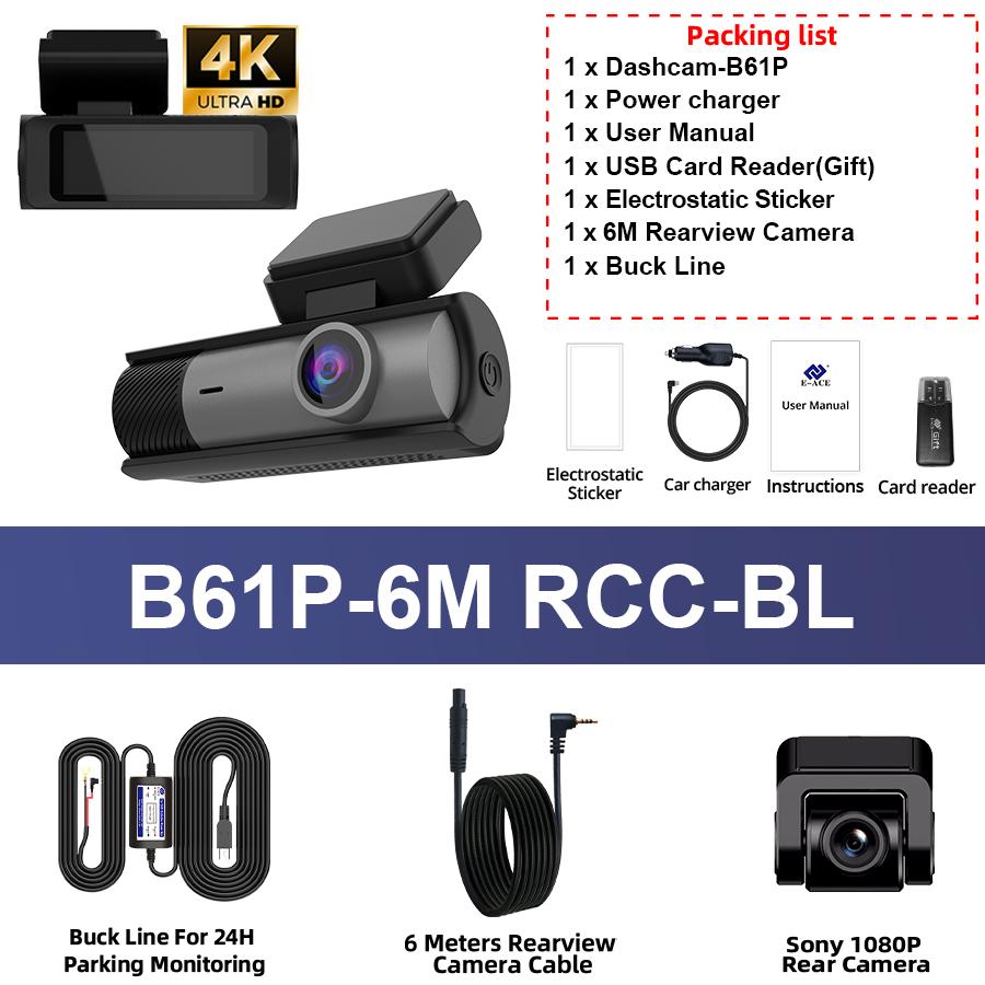 E-ACE Kamera samochodowa 3'' 4K Rejestrator samochodowy z podwójnym obiektywem Wbudowane WIFI GPS Obsługa tylnej kamery 1080P Tryb parkowania 24H Czarna skrzynka