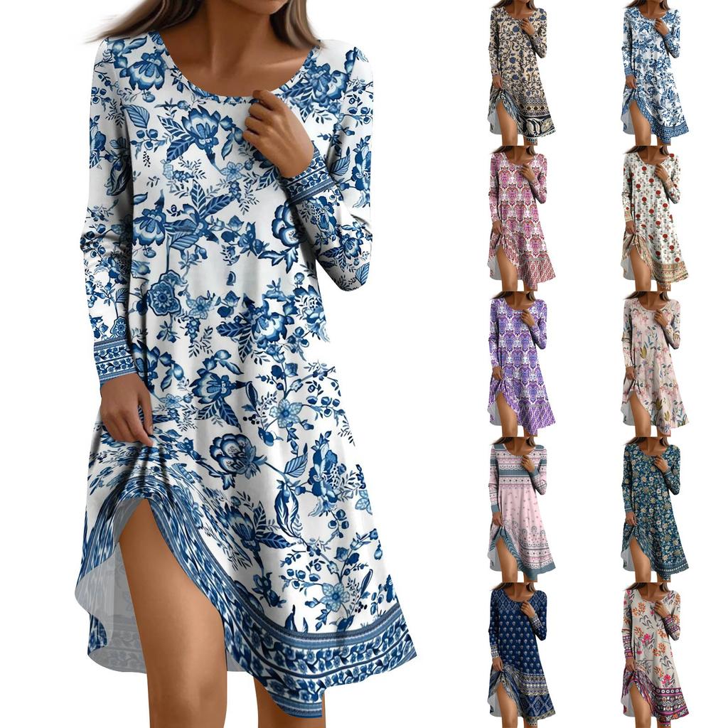 Long  Sleeve Dress For Women Casual Loose Fit Print Dress With Pockets