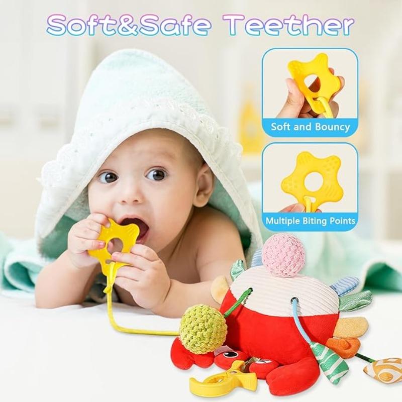 Baby Car Seat Stroller Plush Hanging Rattle Toys Newborn Crib Bed Around Toy Crab Animal with Teether Rattle Sound Mirror Clip