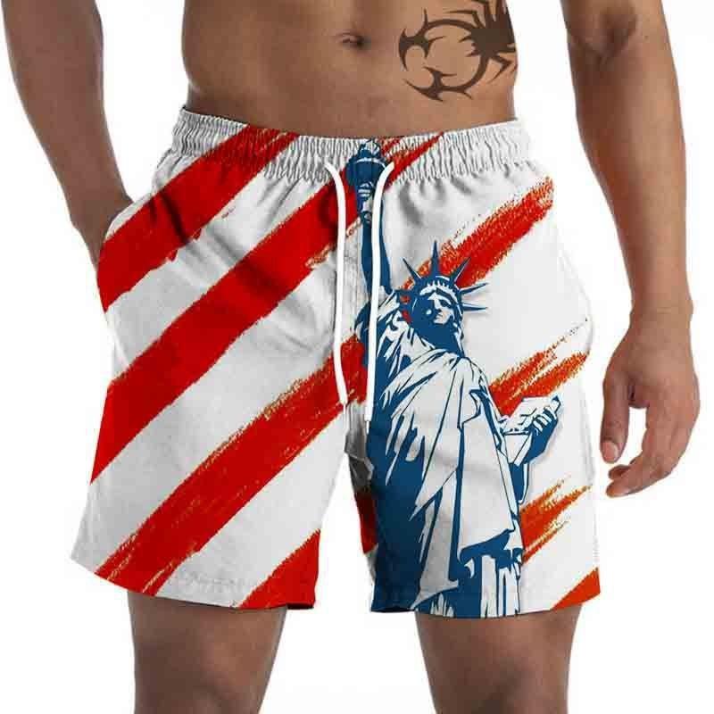 Summer Men's 3D Independence Day Printed Shorts Loose Straight Leg Cropped Beach Shorts