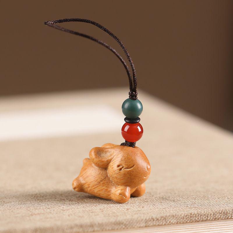 Sandalwood Year of the Rabbit Keychain - Women's Cute Rabbit Pendant for Schoolbag or Car Lanyard.
