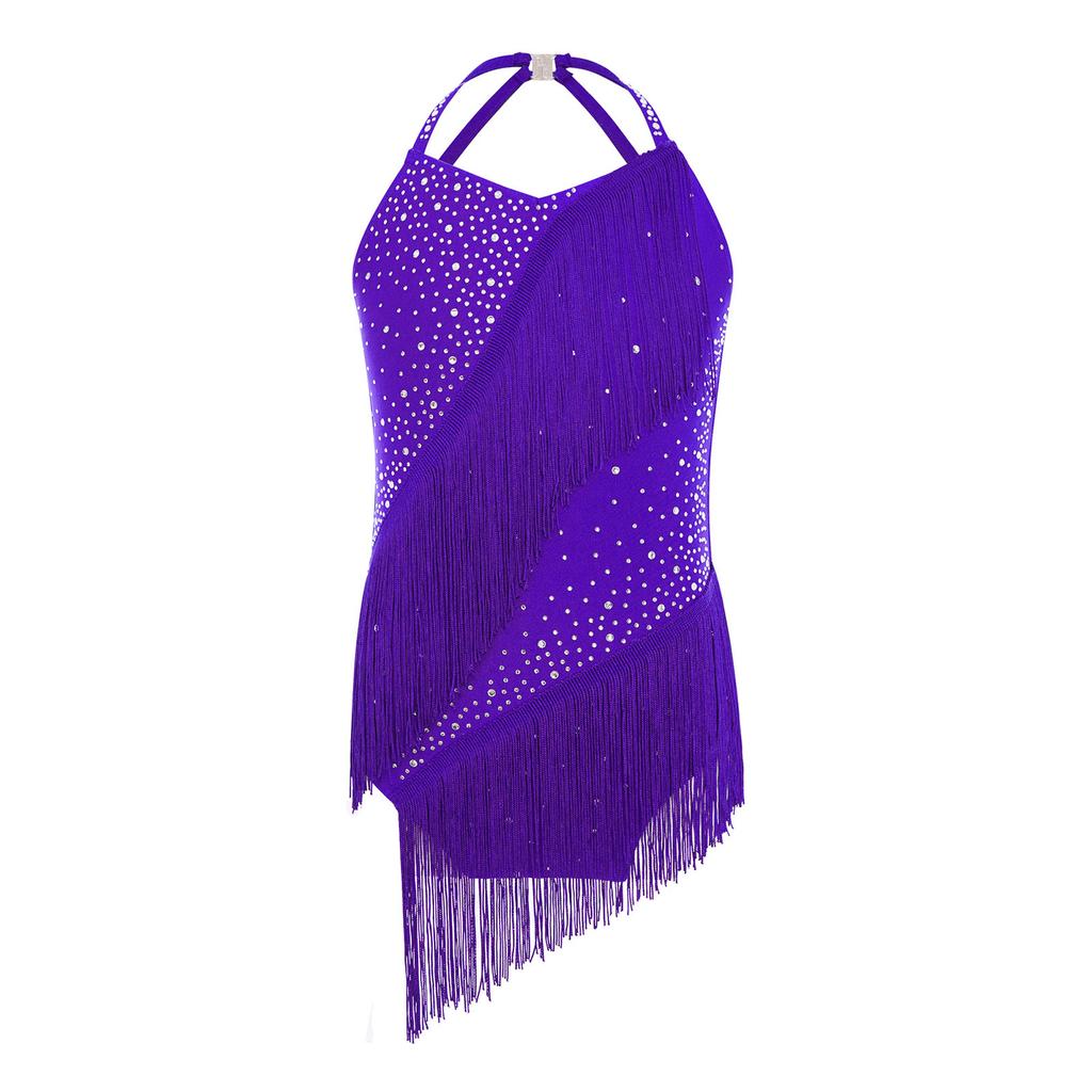 Mädchen Latin Dance Kostüm Ärmellos Neckholder V-Ausschnitt Rückenfrei Glänzend Strasssteine Quasten Leotard