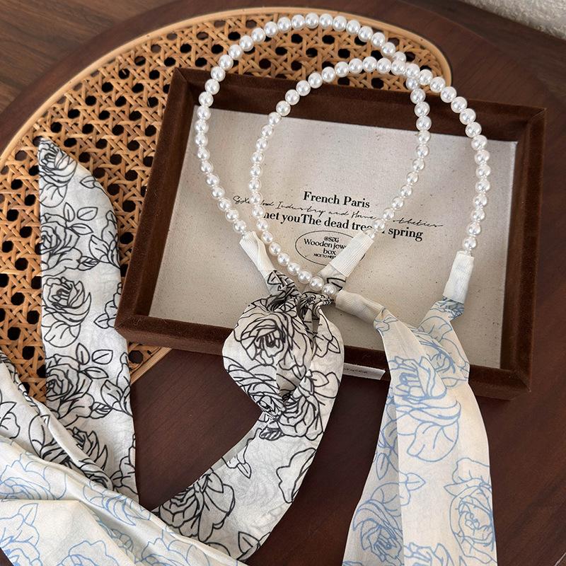 Rose Flowers Silk Scarf Hairband Retro Pearl Hair Hoop Braided Hair Streamers For Womens Girls Elegant Headband Hair Accessories