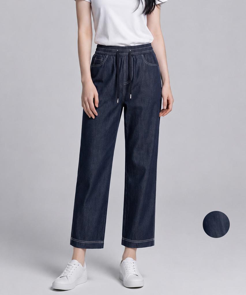 KIM YOUNG JOO GOLF Summer Denim-Like Elastic Waist Spandex Women'S Semi-Wide Cropped Length Pants Kqmljn97