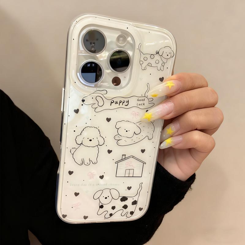 Korean Ins Creative White Cute Spotted Puppy Phone Case For iPhone 17 16 15 14 13 12 11Pro Max 17Air Mini 78Plus Sweet Y2K Cover