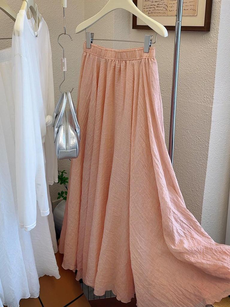 Spring New Gentle Style Ice Silk Cotton Linen A-line Pleated Long Skirt - Women’s High Waist Slimming Drape with Large Hem.