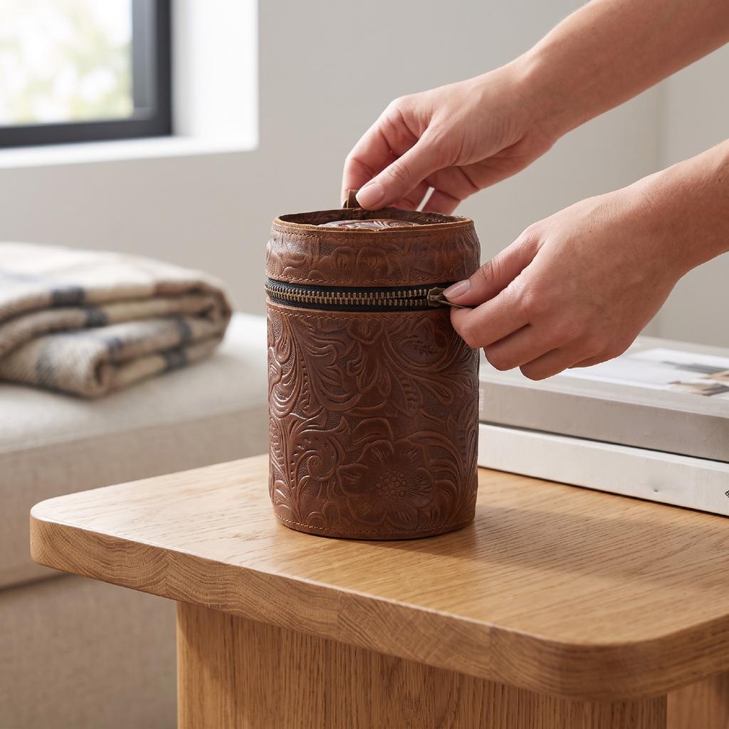 Bank Bucket Retro Carved Pattern Cylinder Portable Leather Zippered Bank