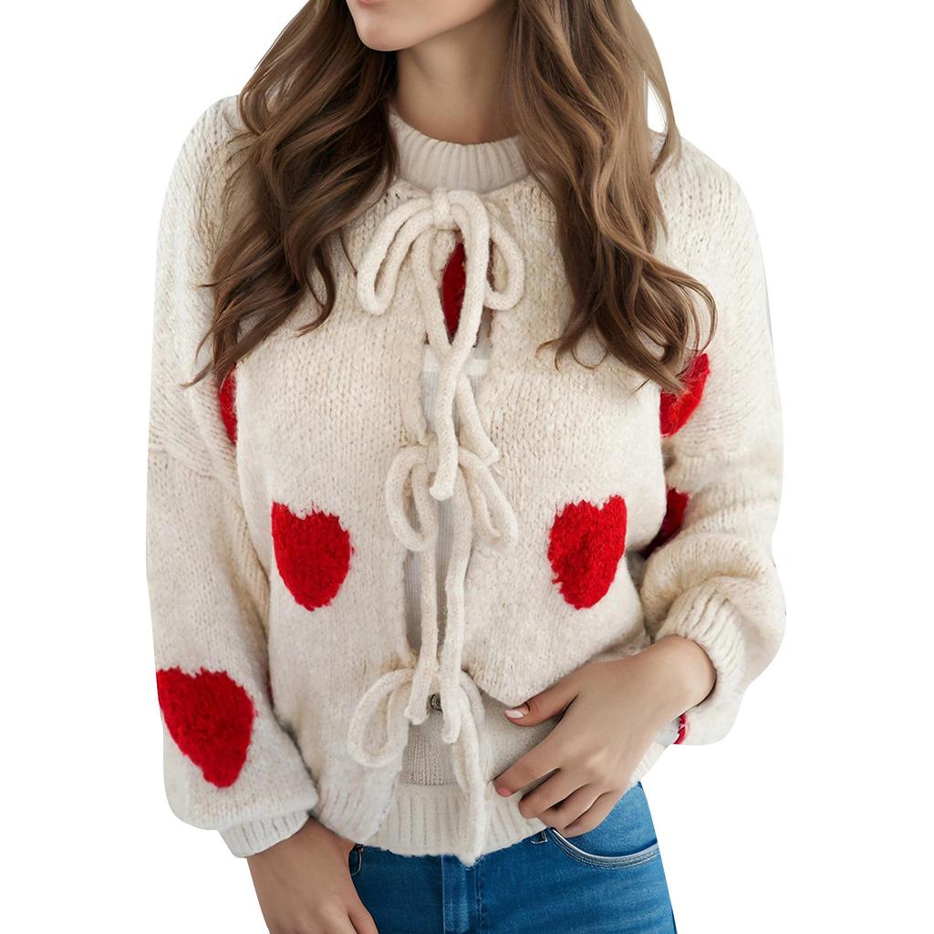 Love Heart Embroidery Round Neck  And Winter Sweater Bandage Cardigan Top Knitted Cardigan Jacket Women