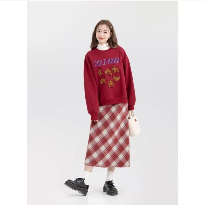 American Retro Plus Size Plaid Wool Skirt – Elegant Mid-Length Korean Style