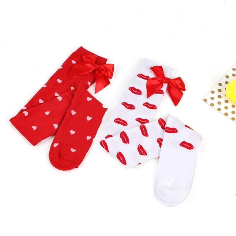 Valentines Day Over Knee Long Socks Cute Bowknots Lip Heart Pattern Thigh High Stockings for Women Parties Casual Wear