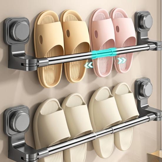 Sandal Rack Wall Mounted Shoe Organizer with Strong Suction Cup Telescopic Rod Quick Install Shelf for Bathroom