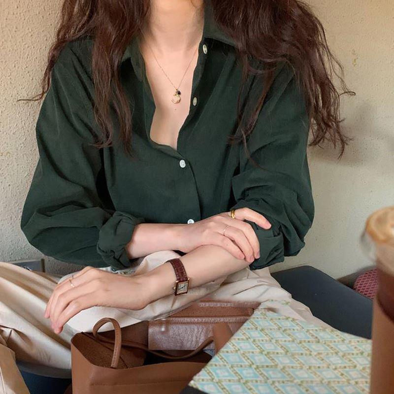 Retro Hong Kong Style Solid Color Long-Sleeve Polo Collar Layered Outerwear Shirt for Women