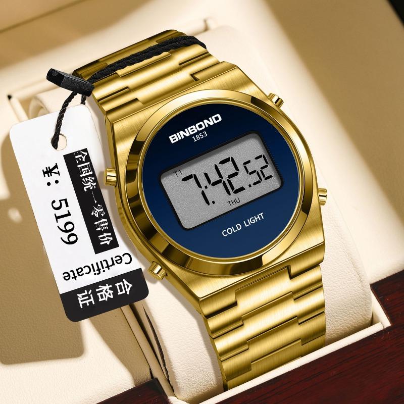 Binbang Watch Simple and Fashionable Round Digital Trendy Man Waterproof Sports Steel Belt Electronic Watch