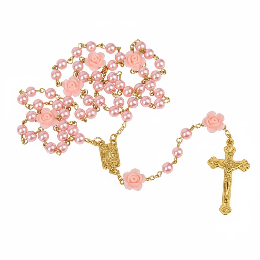 Religion Rosary Necklace For Women Crucifix Cross Pendant 6MM Long Glass Beads Rose Chain Choker Female Prayer Jewelry Gift