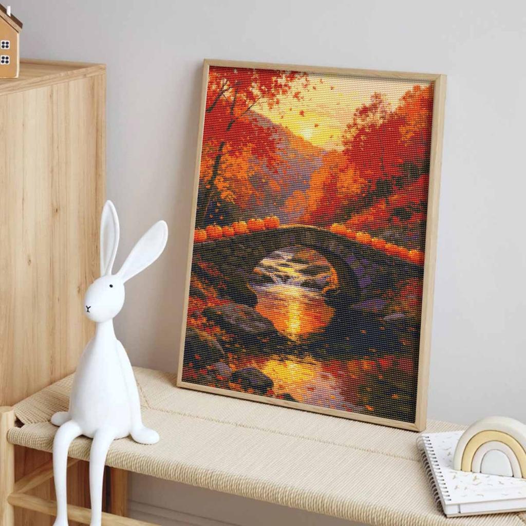 Halloween diamond painting kit handmade diy painting home decoration painting autumn landscape pumpkins on stone bridge sunset scene