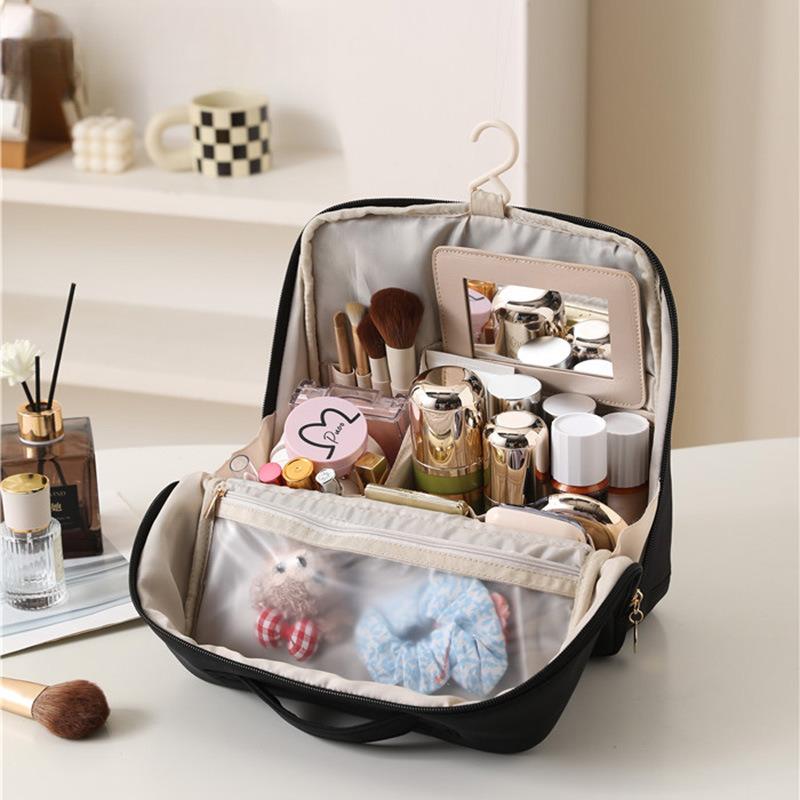 

Vertical Stand Up Cosmetic Bag with Mirror Large Capacity Portable Hanging Makeup Organizer чёрный