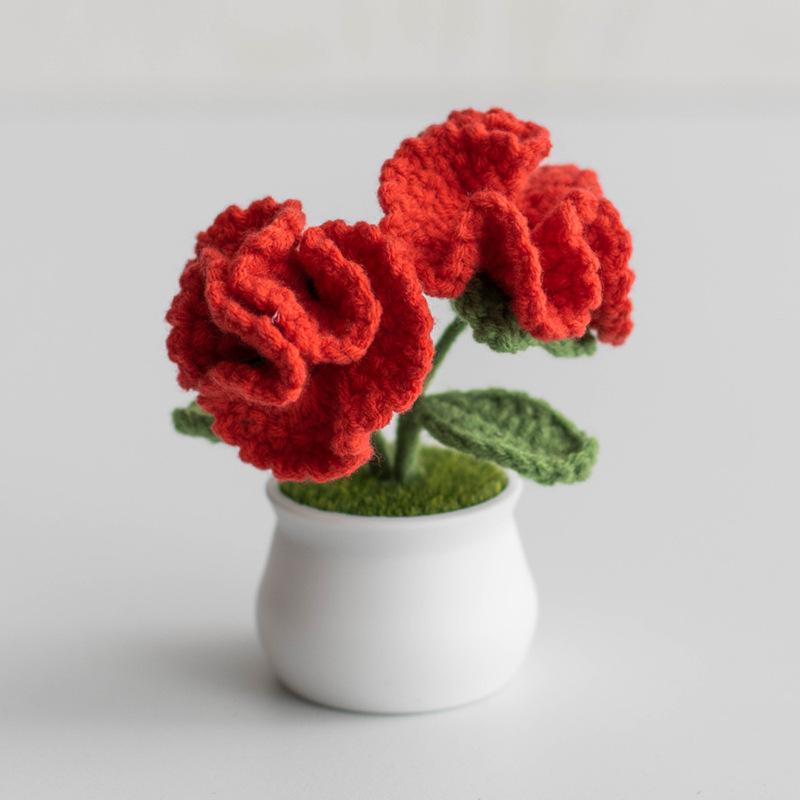 Crochet Carnation Potted Mothers Day Gift Homemade Kintted Flower Finished Kintting Plant Office Desktop Ornaments Car Decor